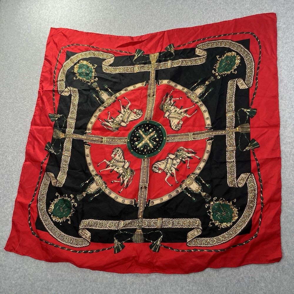 Vintage Equestrian Silk Scarf Horses Tassels Red Black Square 31 in.